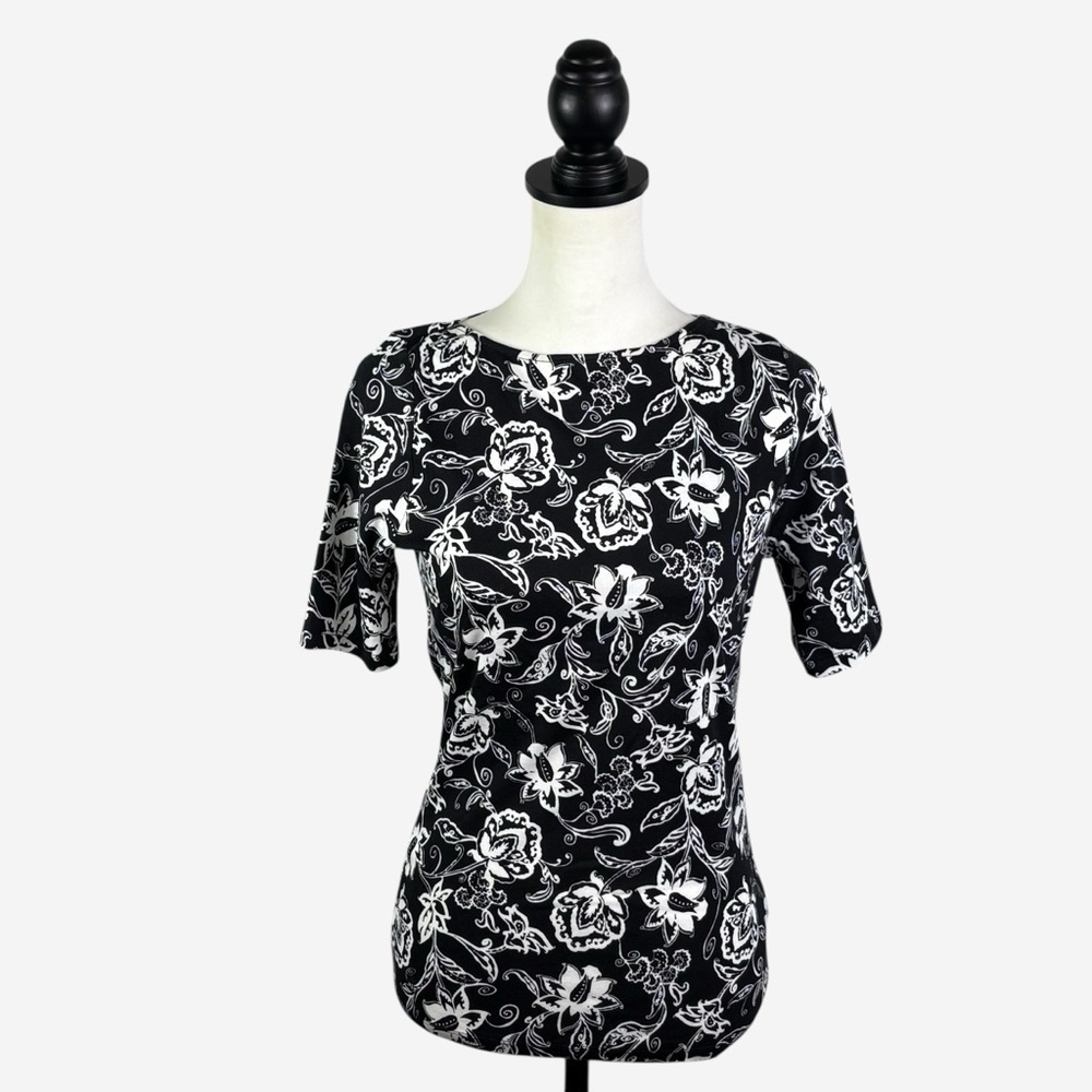 Lauren Ralph Lauren Black White Floral Boatneck Cotton Top Size M Like New